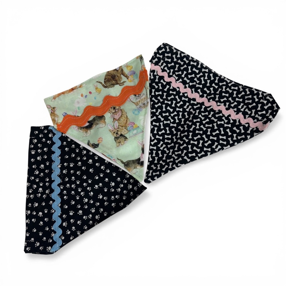 Handmade Dog Bandana Set of 3 Easter Dogs Paw &‎ Bone Print Rickrack Trim